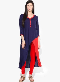 Aks Blue Solid Three Fourth Sleeve V-Neck Asymmetric Kurti