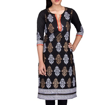 Black Floral Cotton Long Kurti for Office