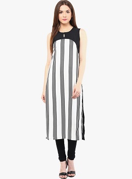 Ives White Striped Sleeveless Straight Kurti