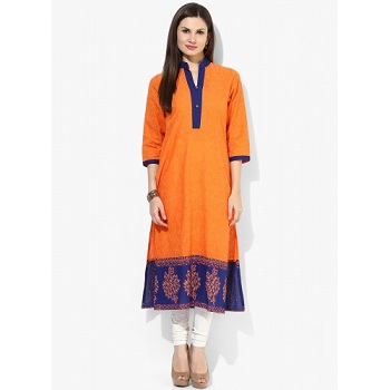 Riya Orange Three Fourth Sleeve Solid Kurti