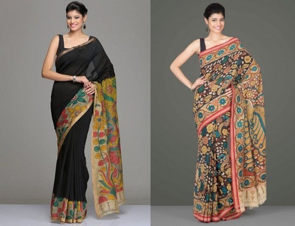 Buy Brown Wine Printed Silk Saree With Kalamkari Work And Unstitched Blouse