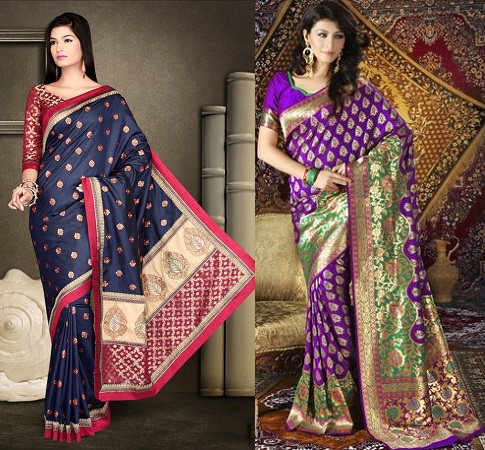 Silk Land navy blue woven design brocade saree - SILK LAND - 4261214