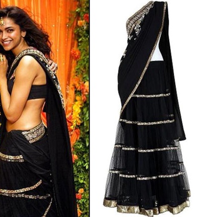 Deepika Padukone in black lehenga sari designed by Sabyasachi