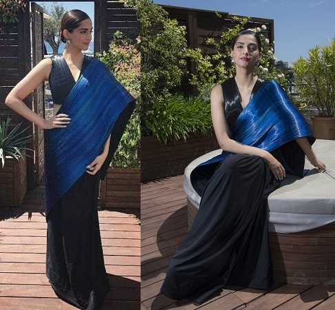 Sonam Kapoor in black and blue saree designed by Rimzim Dadu