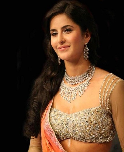 Katrina Kaif in designer rhinestone strap blouse with Jewelled work