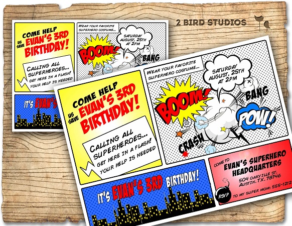 Comic con theme birthday invite