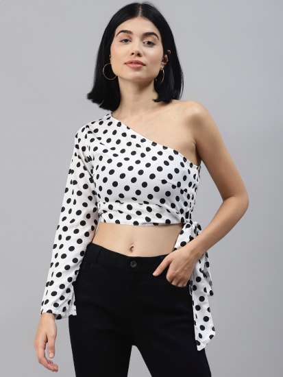 Urbanic White and Black Printed One Shoulder Crop Top