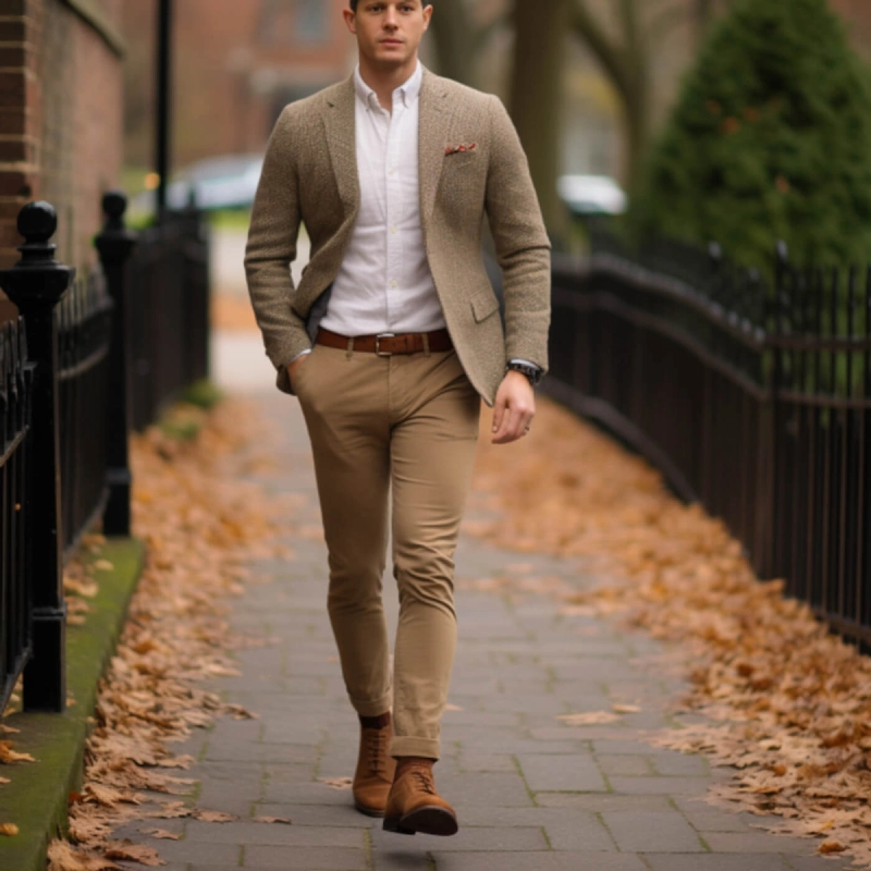 Colors of the coat and jacket with the brown pants 