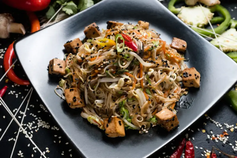 Vegan Peanut Butter Noodles with Crispy Tofu